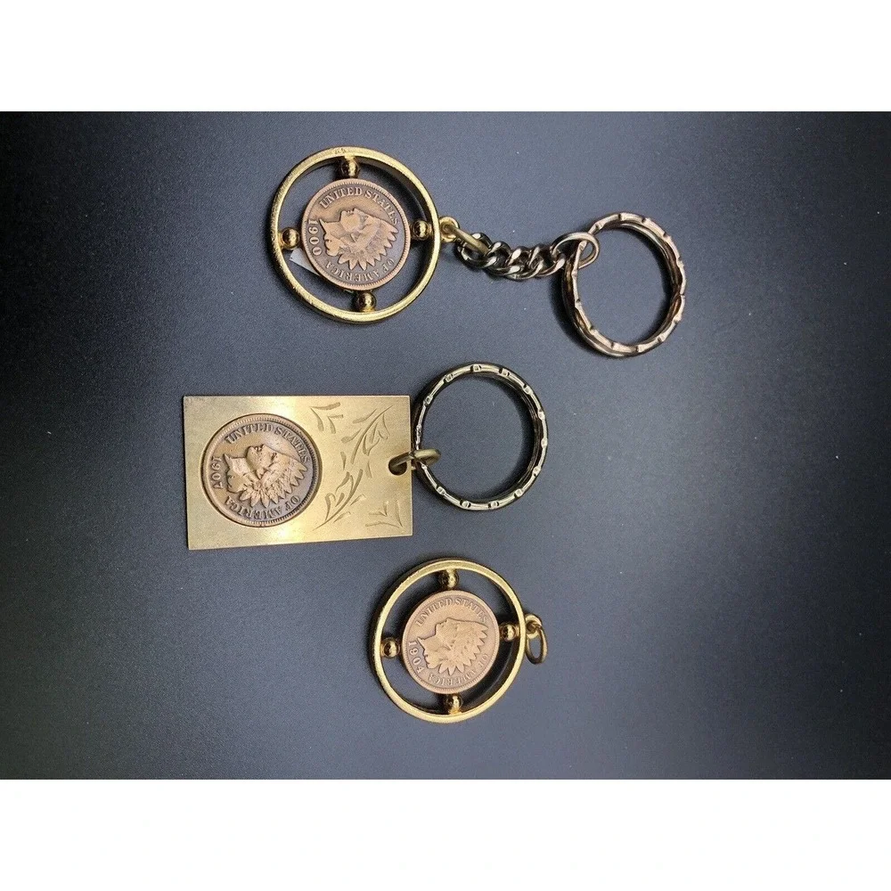 Lot Of 3 Indian Head Penny Coin In Vintage Gold-tone Keychain Antique Coin